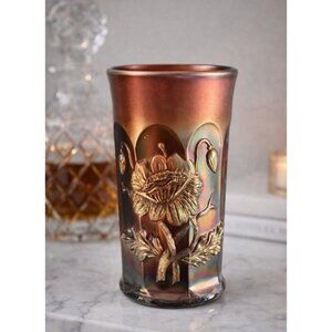 NORTHWOOD ORIENTAL POPPY CARNIVAL GLASS ELECTRIC PURPLE GREEN VINTAGE TUMBLER